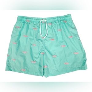 J. McLaughlin Men’s Swim Trunks Teal Swim Shorts with Pink Whale Embroidery XL